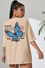Unisex Bej Sırt Kelebek Baskılı T-shirt - FLO 3 Al 1 Öde