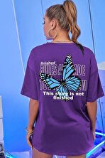 Unisex Mor Sırt Kelebek Baskılı T-shirt - 3 Al 1 Öde