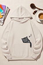 Unisex Uyuyan Kedi Baskılı kapüşonlu Sweatshirt - 3 Al 1 Öde