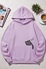 Unisex Uyuyan Kedi Baskılı kapüşonlu Sweatshirt - 3 Al 1 Öde