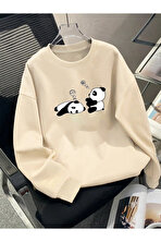 Uykucu Panda Baskılı Bisiklet Yaka Sweatshirt - 3 Al 1 Öde