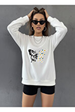 Unisex Papatya Kelebek Baskılı Tasarım Oversize Bisiklet Yaka Sweatshirt - 3 Al 1 Öde