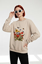 Unisex Renkli Cicekler Baskılı Oversize Bisiklet Yaka Sweatshirt - 3 Al 1 Öde