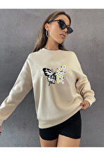 Unisex Papatya Kelebek Baskılı Tasarım Oversize Bisiklet Yaka Sweatshirt - 3 Al 1 Öde
