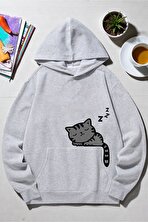 Unisex Uyuyan Kedi Baskılı kapüşonlu Sweatshirt - 3 Al 1 Öde