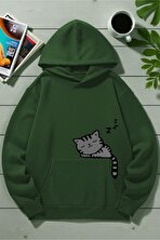 Unisex Uyuyan Kedi Baskılı kapüşonlu Sweatshirt - 3 Al 1 Öde