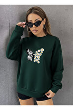 Unisex Papatya Kelebek Baskılı Tasarım Oversize Bisiklet Yaka Sweatshirt - 3 Al 1 Öde