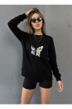 Unisex Papatya Kelebek Baskılı Tasarım Oversize Bisiklet Yaka Sweatshirt - 3 Al 1 Öde