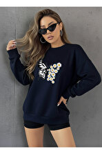 Unisex Papatya Kelebek Baskılı Tasarım Oversize Bisiklet Yaka Sweatshirt - 3 Al 1 Öde
