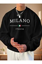 Unisex Milano Italıa Tasarım Baskılı Bisiklet Yaka Sweatshirt - 3 Al 1 Öde