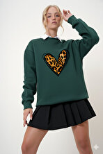 Unisex Leopar Desenli Kalp Baskılı Oversize Bisiklet Yaka Sweatshirt - 3 Al 1 Öde