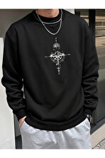 Unisex Yön Gösteren Pusula Tasarım Baskılı Bisiklet Yaka Sweatshirt - 3 Al 1 Öde