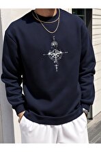 Unisex Yön Gösteren Pusula Tasarım Baskılı Bisiklet Yaka Sweatshirt - 3 Al 1 Öde