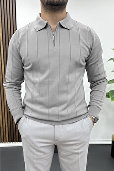 Erkek Yarım Fermuarlı Polo Yaka Mevsimlik Kazak Vizon Edw195