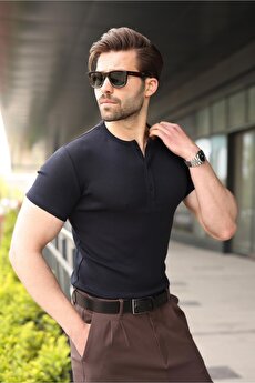 Lacivert Yarım Düğmeli Slim Fit Erkek Tişört E7186 Fiyatları
