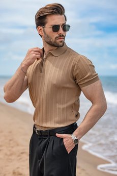 Camel Yarım Fermuarlı Polo Yaka Erkek Triko Tişört E7458 Fiyatları