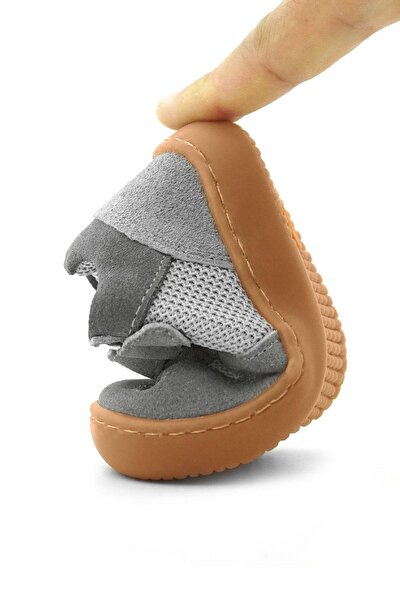 Rakerplus Bob Hakiki Deri Gri Barefoot Cırtlı Lastikli Bebek Sneaker Ayakkabı - Görsel 9