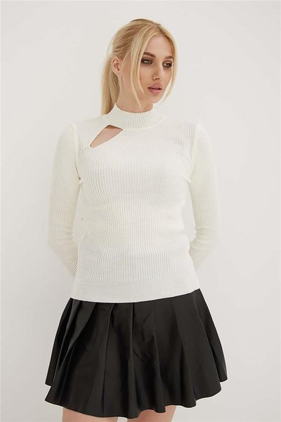 Fashion Friends Kadın Pencere Detaylı Kazak 23K0167K1 Ekru