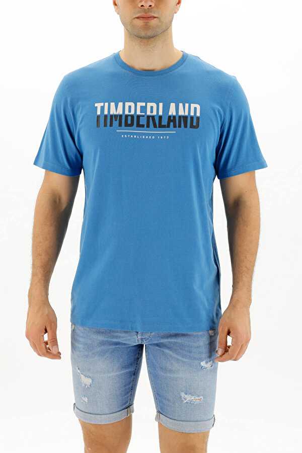 Timberland SS LINEAR LOGO TWO TECHNI Mavi Erkek Kısa Kol T-Shirt
