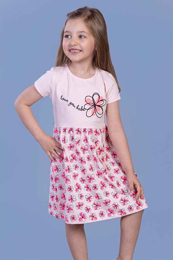 Toontoy Kız Çocuk Çiçek Desenli Yazı Nakışlı Pullu Taş İşlemeli Elbise
