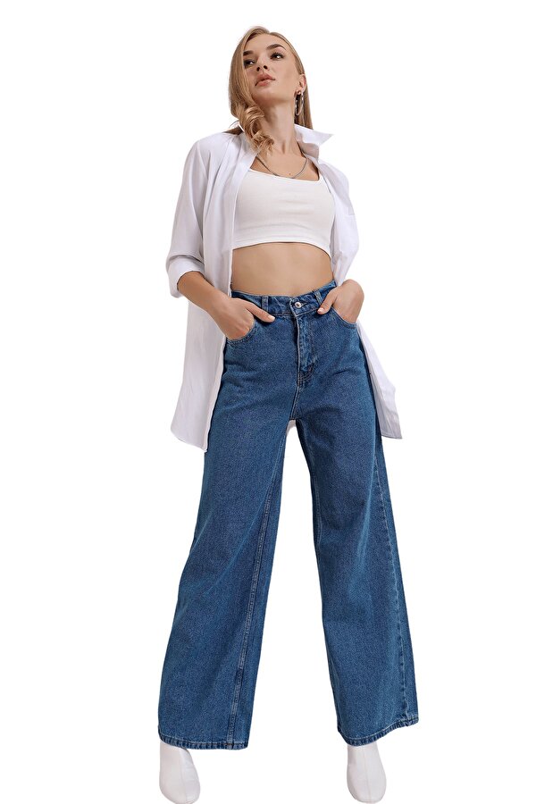 Butik Buruç Kadın Koyu Mavi Geniş Paça Kot Pantolon