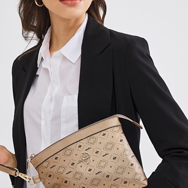 Deri Company Kadın Basic Clutch Çanta Monogram Desenli Logolu Altın Siyah (4010A) 214009