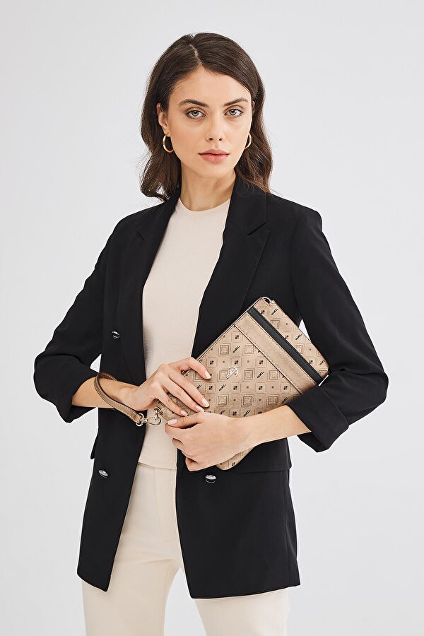 Deri Company Kadın Basic Clutch Çanta Monogram Desenli Şeritli Altın Siyah (4006A) 214012