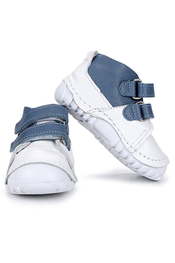 Kiko Kids Teo 303 %100 Deri Cırtlı Erkek Çocuk Ayakkabı Beyaz - Bebe Mavi