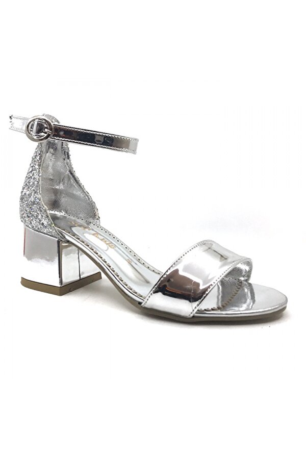 SEMA Gümüş Simli  Günlük Abiye Tek Bant Kız Çocuk Topuklu Ayakkabı
