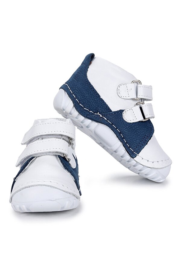 Kiko Kids Teo 303 %100 Deri Cırtlı Erkek Çocuk Ayakkabı Beyaz - Mavi