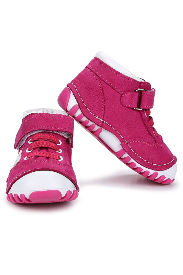 Kiko Kids Teo 140 %100 Deri Cırtlı Kız Çocuk Ayakkabı Fuşya - Beyaz