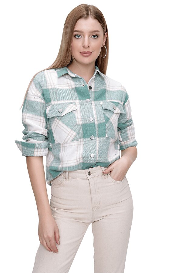 Butik Buruç Kadın Mint Ekose Desen Çift Cepli Gömlek