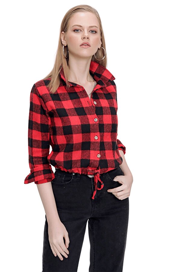 Butik Buruç Kadın Kırmızı Bel Bağcıklı Cepsiz Gömlek