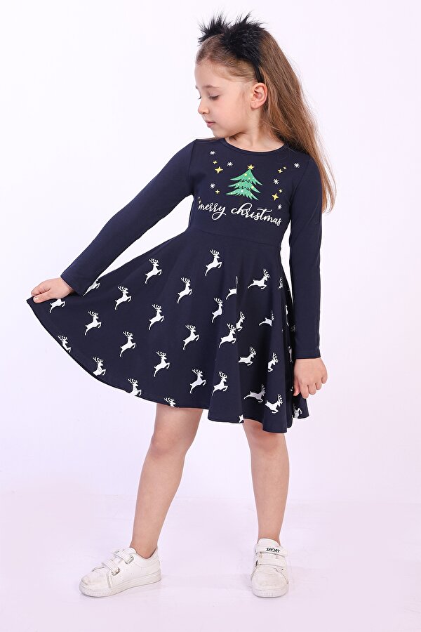Toontoy Kız Çocuk Merry Chrıstmas Yazılı Geyik Baskılı Elbise