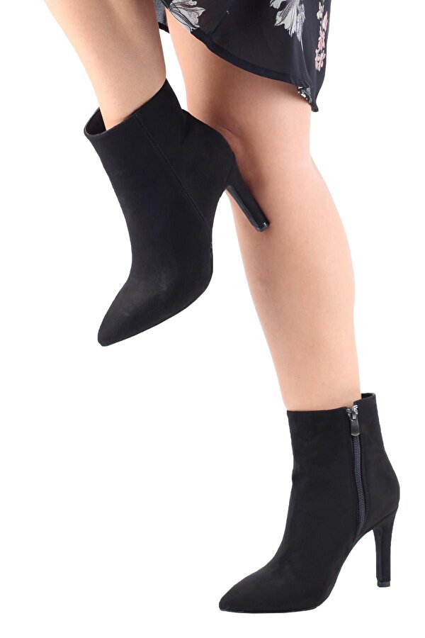 Modabuymuş Siyah Süet Bootie İnce Topuklu Bot - Nairobi