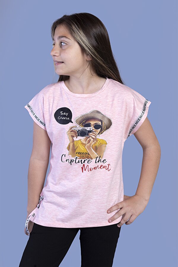 Toontoy Kız Çocuk Şerit Detaylı Baskılı Tişört