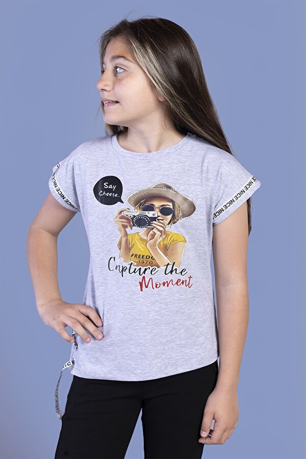 Toontoy Kız Çocuk Şerit Detaylı Baskılı Tişört