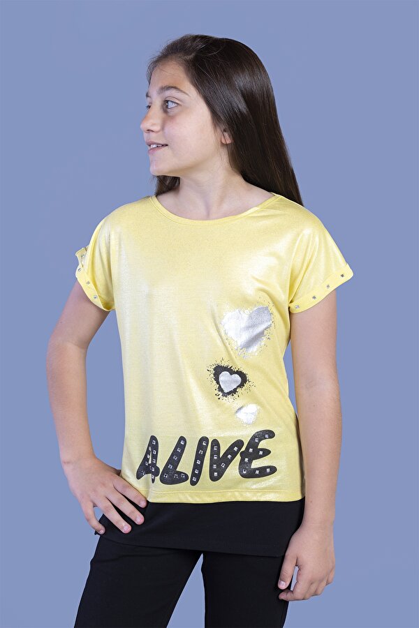 Toontoy Kız Çocuk Simli Garni Detaylı Baskılı Tişört