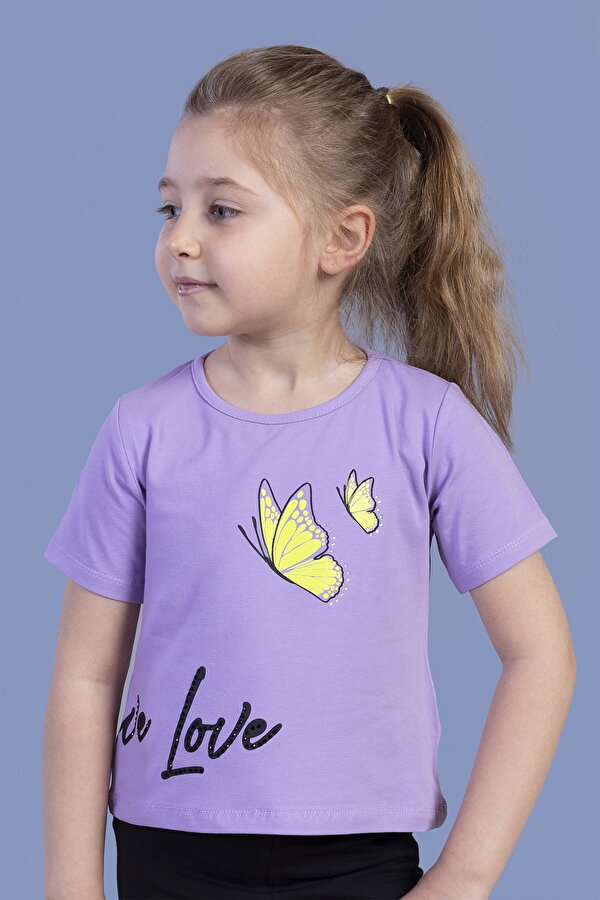 Toontoy Kız Çocuk Kelebek Baskılı Taş İşlemeli Tişört
