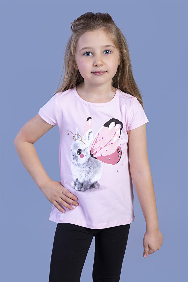 Toontoy Kız Çocuk Tavşan Baskılı Pul İşlemeli Tişört