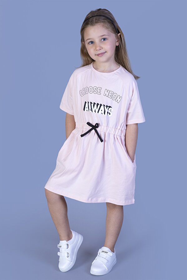 Toontoy Kız Çocuk Baskılı Taş İşlemeli Beli Lastikli İki Yanı Cepli Elbise