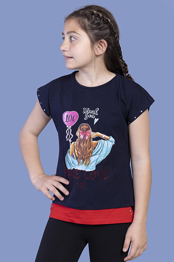 Toontoy Kız Çocuk Garni Detaylı Taş İşlemeli Baskılı Tişört