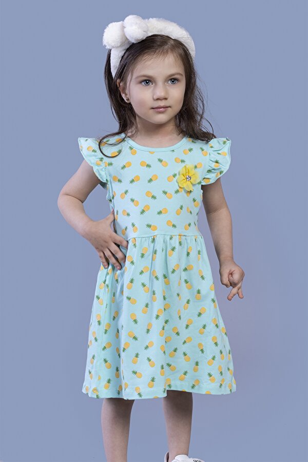 Toontoy Kız Çocuk Komple Ananas Baskılı Çiçek Aksesuarlı Elbise
