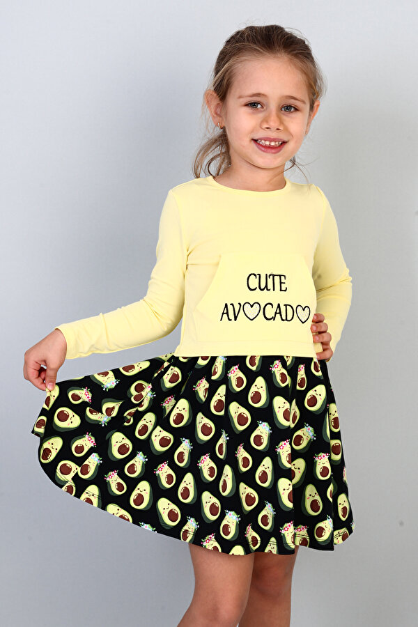Toontoy Kız Çocuk Cute Avocado Naskışlı Eteği Desenli Elbise