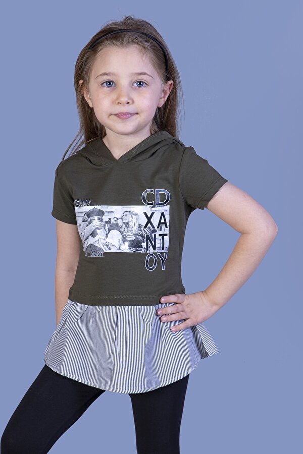 Toontoy Kız Çocuk Eteği ve Kapüşonu Garnili Tişört