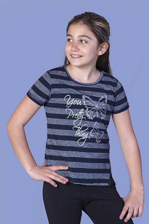 Toontoy Kız Çocuk Çizgili Kelebek Baskılı Tişört
