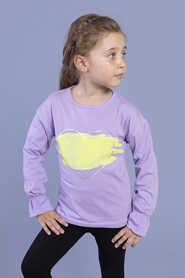 Toontoy Kız Çocuk Kol Ucu Lastikli Taş İşlemeli Baskılı Tişört