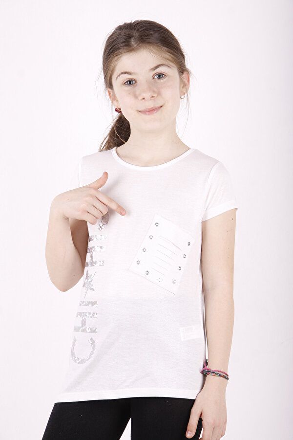 Toontoy Kız Çocuk Yıldız Baskılı Kesik Cep Detaylı Tişört