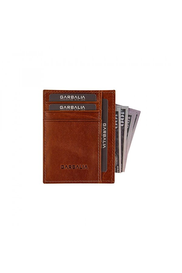 Garbalia Madalyon Crazy Deri Unisex Slim Kartlık Cüzdan Taba
