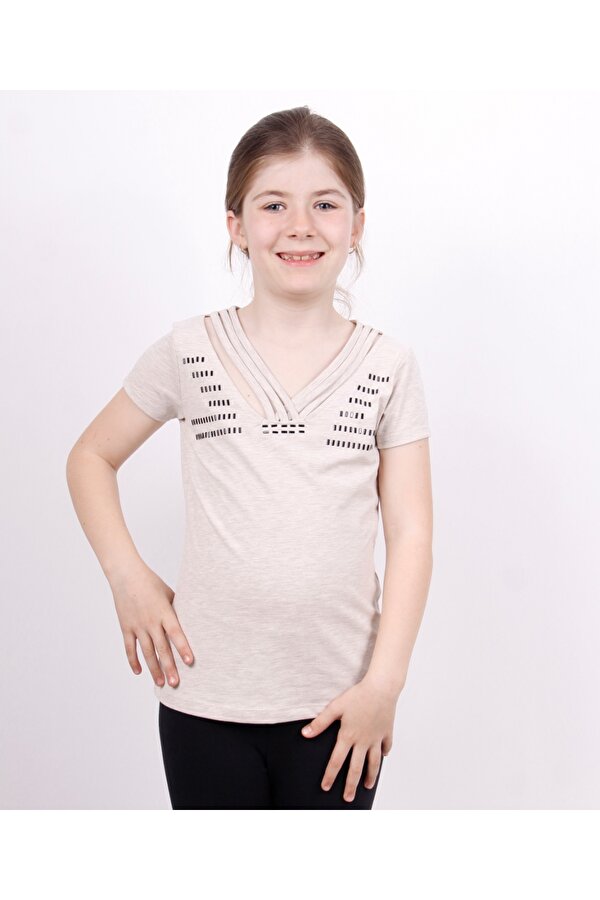 Toontoy Kız Çocuk Yaka Biyeli Taşlı Tişört
